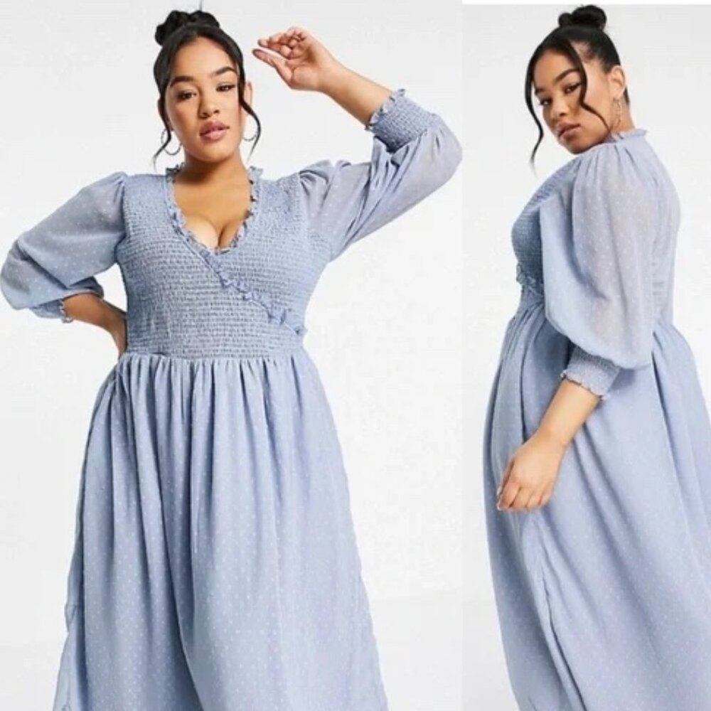 ASOS Curve midi smock dress with shirred cuffs in blue size US12